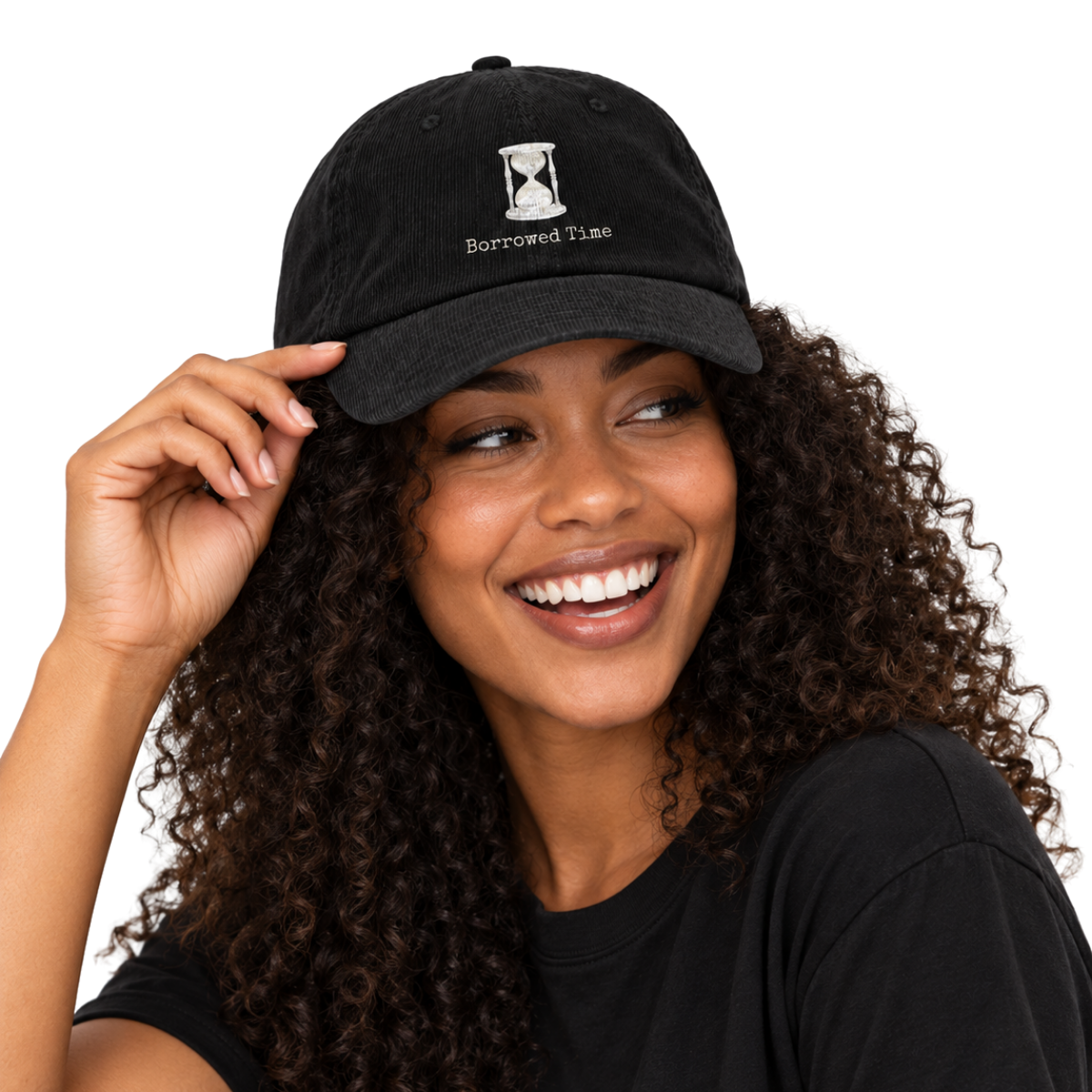 'Borrowed Time + Song Title' Eco-friendly Corduroy Cap in Black