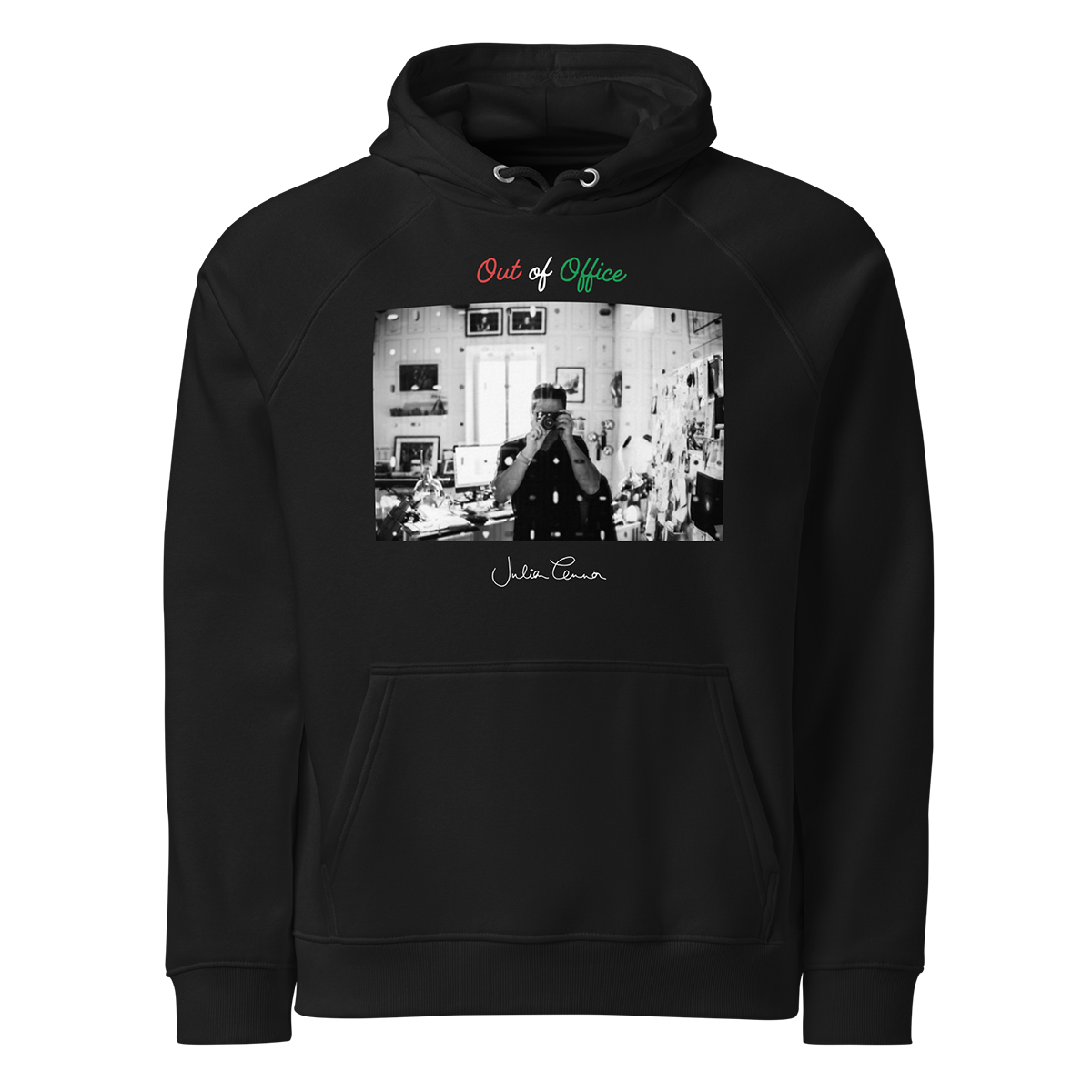 'Out of Office' Lennon Selfie Eco-Friendly Hoodie in Black