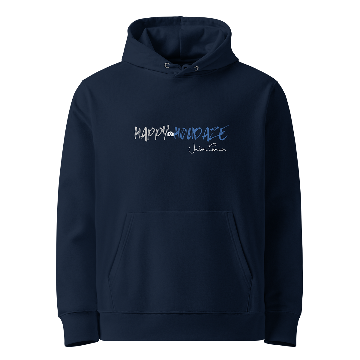 'Happy Holidaze' Camera Motif Eco-Friendly Hoodie in Navy